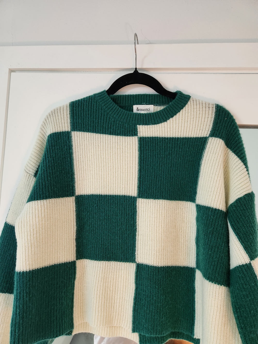 Checkerboard Crewneck Sweater in Green and Cream - Women's Knit Pullover - Picture 3 of 7